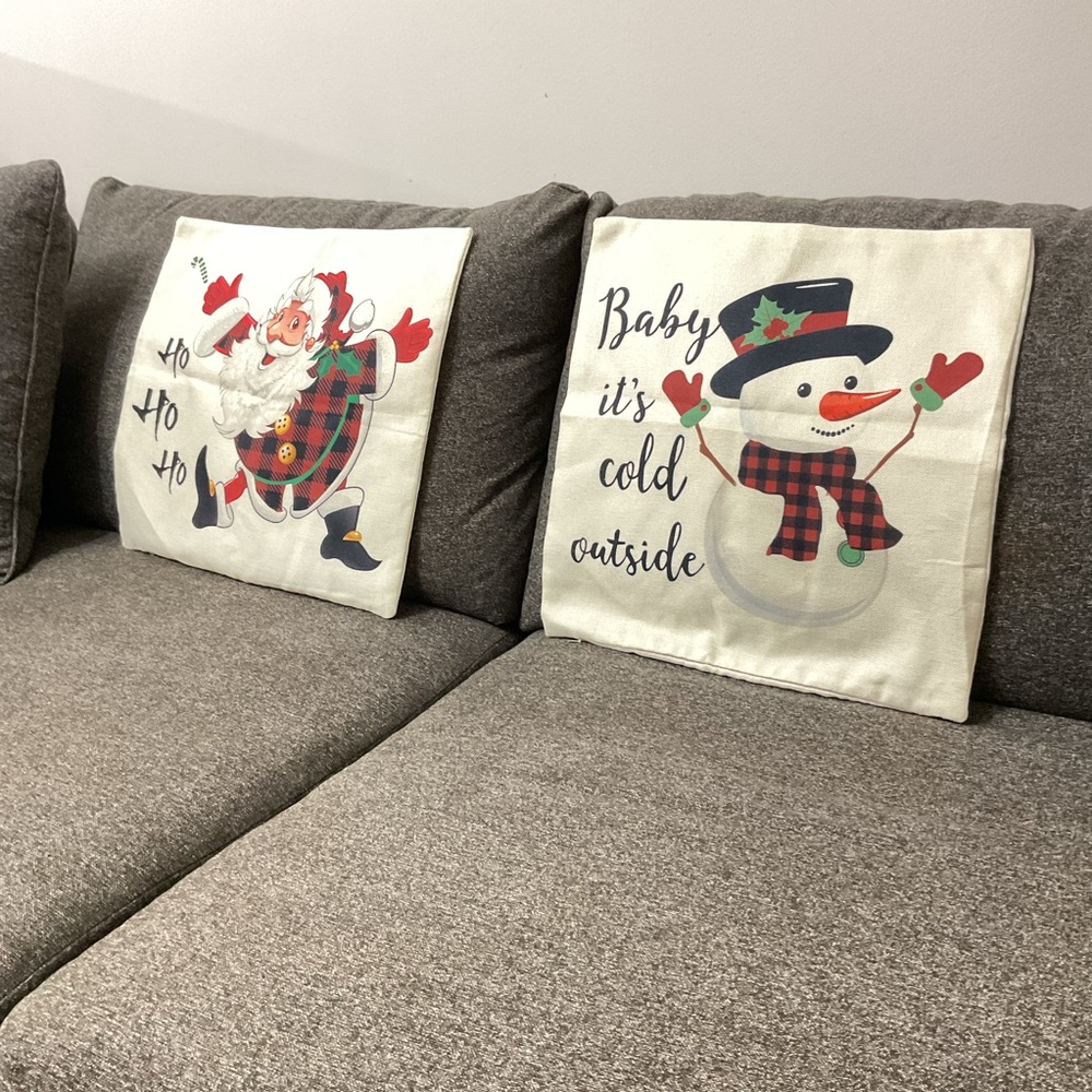 2 Christmas Throw Pillow Covers Snowman and Santa Holiday Set of Two